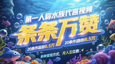 第一人称水族代言视频，条条万赞，20条作品涨粉7.8W，多种变现方式月入五位数-桂芽网创