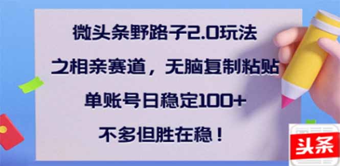 （14334期）微头条野路子2.0玩法之相亲赛道，无脑搬砖复制粘贴，单账号日稳定300+…-桂芽网创