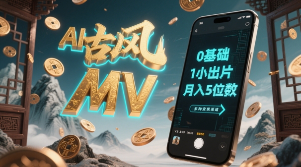 AI一键生成古风音乐MV，0剪辑基础1小时出片，多种变现渠道，一部手机月入5位数-桂芽网创