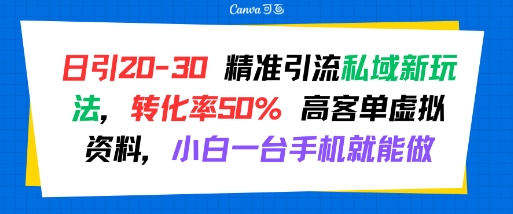 日引 20-30 精准引流私域新玩法，转化率50% 高客单虚拟资料，小白一台手机就能做-桂芽网创