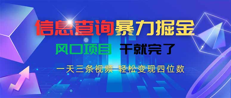 信息查询暴力掘金，一天三条视频 轻松变现四位数，风口项目干就完了-桂芽网创