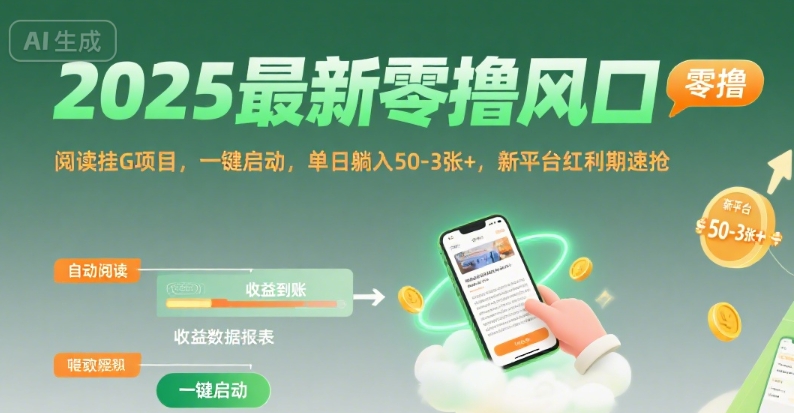 2025最新零撸风口，阅读挂G项目，一键启动，单日躺入 50-3张+，新平台红利期速抢【揭秘】-桂芽网创