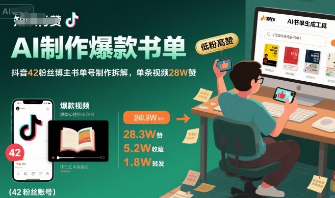 AI制作爆款书单，抖音42粉丝博主书单号制作拆解，单条视频28W赞-桂芽网创