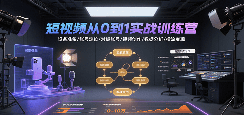 短视频从0到1实战训练营：设备准备/账号定位/对标账号/视频创作/数据分析/投流变现-桂芽网创