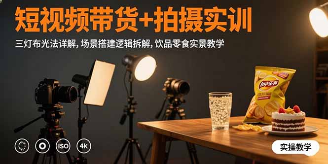 短视频带货+拍摄实训：三灯布光法详解,场景搭建逻辑拆解,饮品零食实景教学-桂芽网创