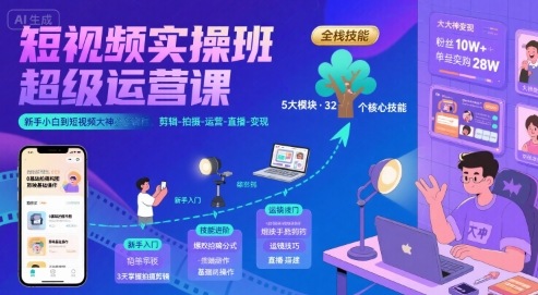 短视频实操班超级运营课，新手小白到短视频大神必修课程，剪辑-拍摄-运营-直播-变现-桂芽网创