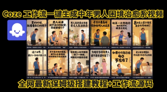 coze工作流一键生成”中年男人困境扎心高涨粉高播放量图文视频”保姆级拆解教程，无需剪辑，无需拍摄写文案-桂芽网创