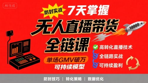 无人直播带货全链防封实战课，7天掌握高转化直播技术，实现单场GMV破万可持续模型-桂芽网创