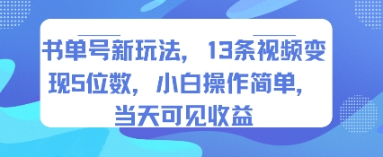 书单号新玩法，13条视频变现5位数，小白操作简单，当天可见收益-桂芽网创
