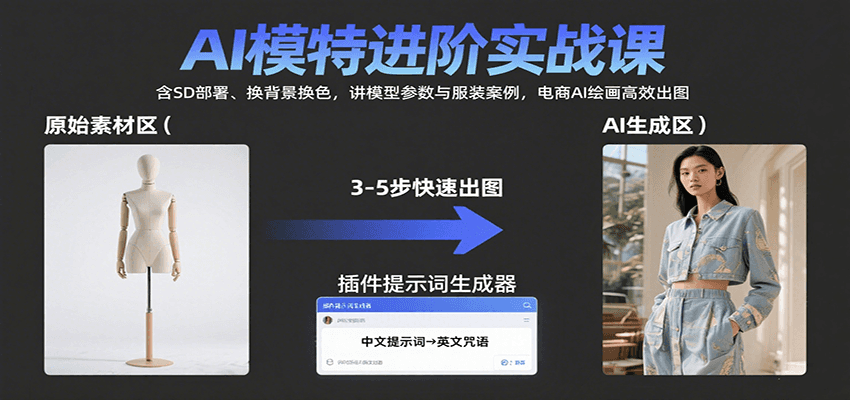 AI模特进阶实战课：含SD部署、换背景换色，讲模型参数与服装案例，电商AI绘画高效出图-桂芽网创