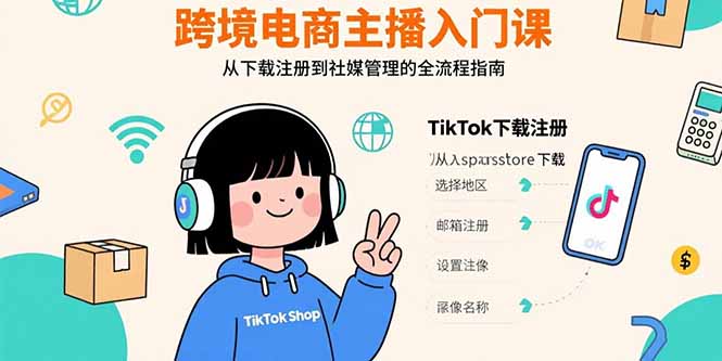 跨境电商主播入门课，TikTok下载注册，支付工具配置，社媒账号管理全流程-桂芽网创