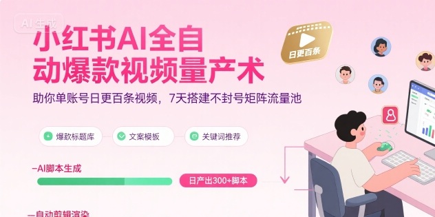 小红书AI全自动爆款视频量产术，助你单账号日更百条视频，7天搭建不封号矩阵流量池(更新8月)-桂芽网创