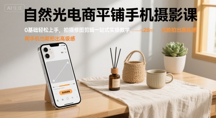 自然光电商平铺手机摄影课，0基础轻松上手，拍摄修图剪辑一站式实操教学，用手机也能拍出高级感-桂芽网创