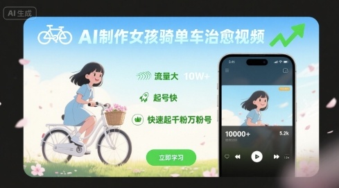AI制作女孩骑单车治愈视频，流量大，起号快，快速起千粉万粉号-桂芽网创