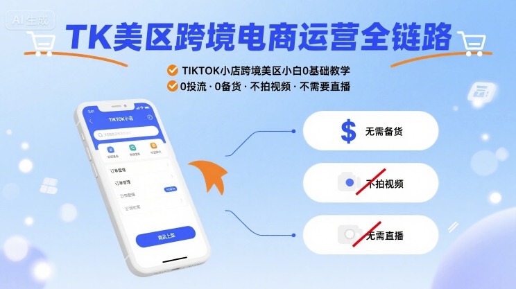 TK美区跨境电商运营全链路，TIKTOK小店跨境美区小白0基础教学，0投流0备货不拍视频不需要直播-桂芽网创