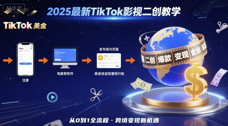 2025年最新TikTok影视二创教学，从注册到发布撸美金全流程，跨境变现新机遇-桂芽网创