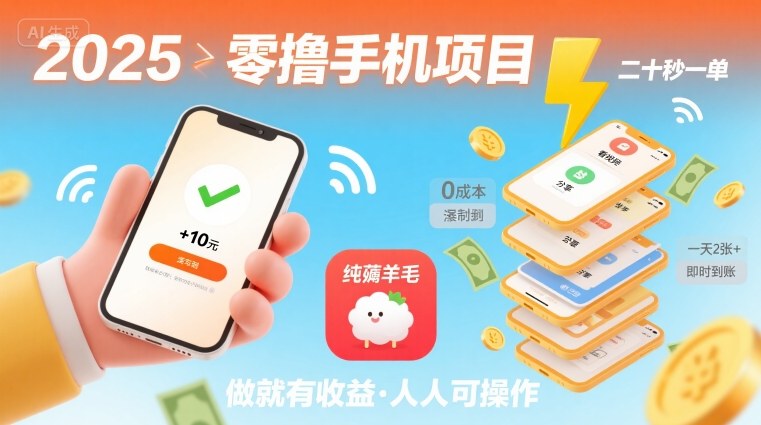 2025年零撸手机项目，二十秒一单，纯薅羊毛 一天2张+做就有-桂芽网创