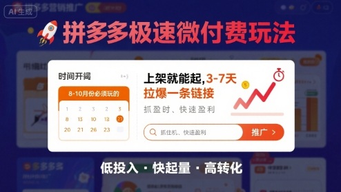 8月26号拼多多极速微付费玩法，8-10月份必须玩的，上架就能起，3-7天拉爆一条链接-桂芽网创