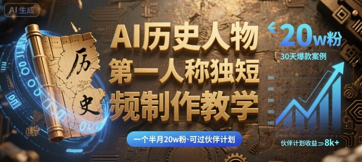 最新AI历史人物第一人称独白短视频制作教学，一个半月20w粉，可过伙伴计划-桂芽网创