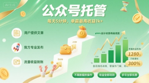 【公众号托管 】我提供文章，你发布，每天5分钟，单篇最高收益1k+【揭秘】-桂芽网创