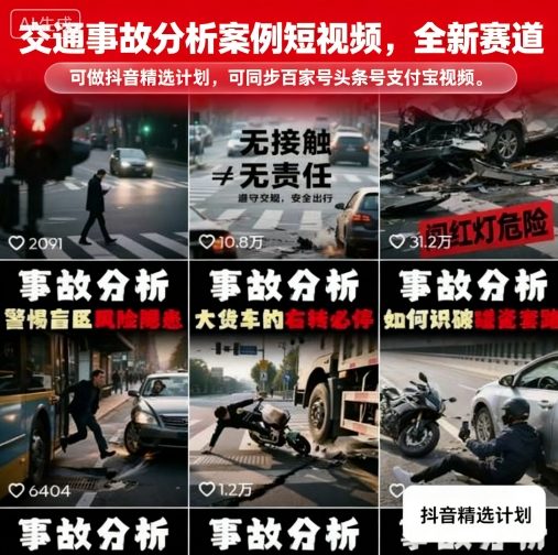 交通事故分析案例短视频，全新赛道，可做抖音精选计划，可同步百家号头条号支付宝视频号平台-桂芽网创