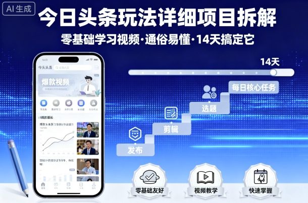 今日头条玩法详细项目拆解，零基础学习视频 通俗易懂 14天搞定它-桂芽网创