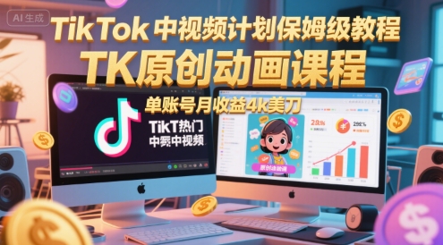 TikTok中视频计划保姆级教程，TK原创动画课程，单账号月收益4k美刀-桂芽网创