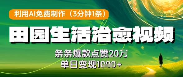利用AI免费制作田园生活治愈视频，条条爆款点赞20W，单日变现几张-桂芽网创