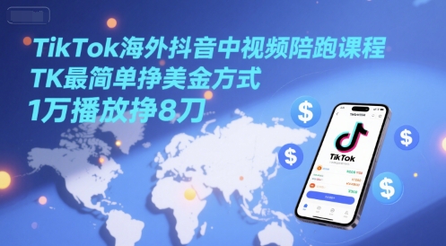 TikTok海外抖音中视频陪跑课程，TK最简单挣美金方式，1万播放挣8刀-桂芽网创