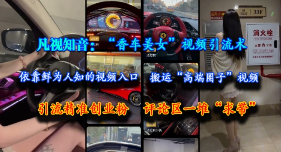 凡视知音：“香车美女”视频引流术，依靠鲜为人知的视频入口，搬运“高端圈子”视频，引流精准创业粉，评论区一堆“求带”-桂芽网创
