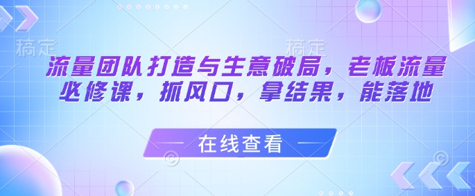 流量团队打造与生意破局，老板流量必修课，抓风口，拿结果，能落地-桂芽网创