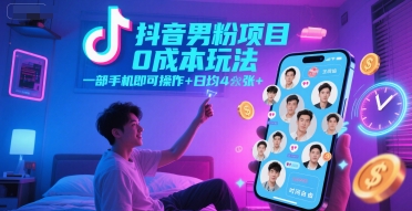 抖音男粉项目0成本玩法，一部手机即可操作，日均4张+，时间自由-桂芽网创