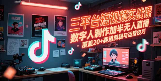 三平台短视频实战课，数字人制作加半无人直播，覆盖20+赛道剪辑与运营技巧-桂芽网创