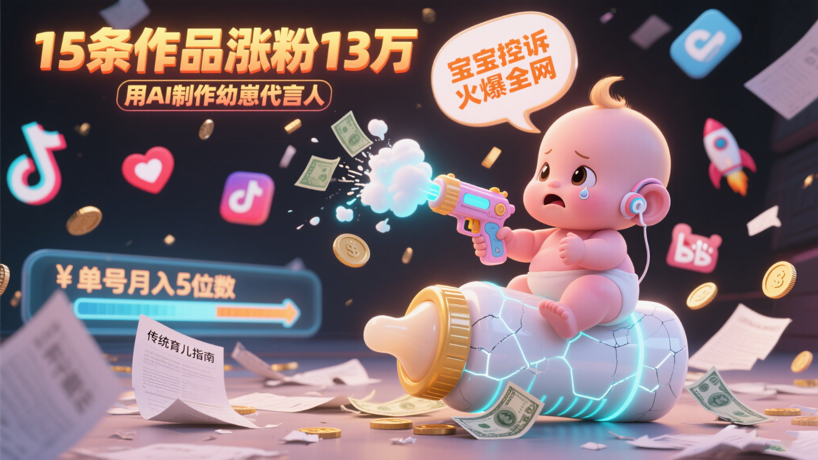 用AI制作幼崽代言人，宝宝的控诉火爆全网，15条作品涨粉13万，单号月入5位数实操教程-桂芽网创