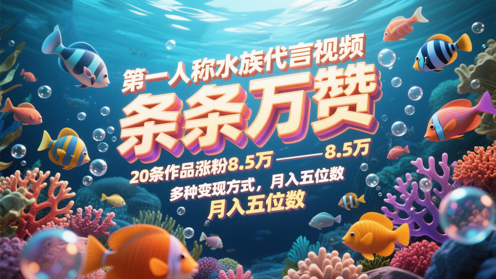 第一人称水族代言视频，条条万赞，20条作品涨粉8.5万，多种变现方式月，入五位数-桂芽网创