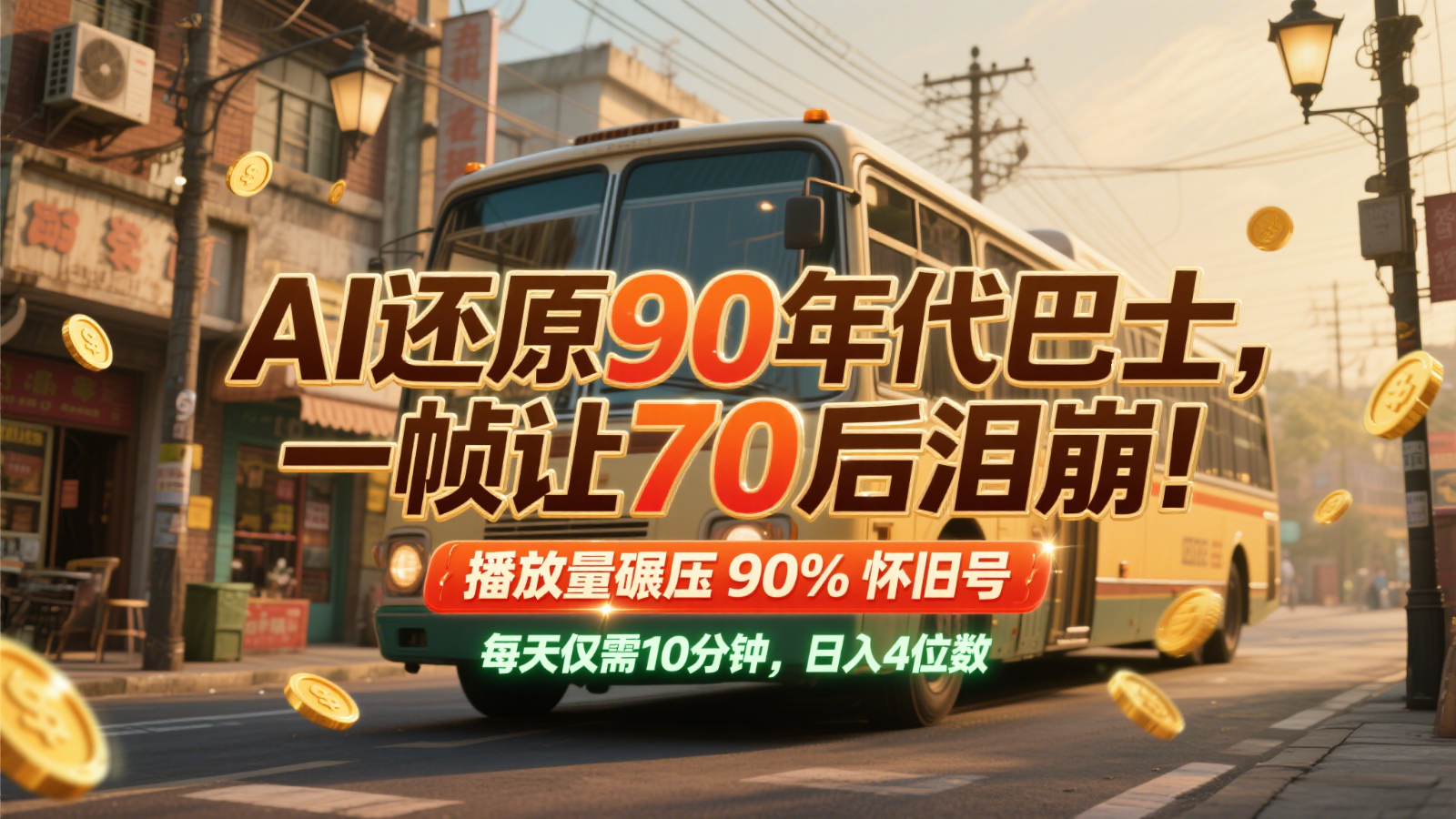 AI还原90年代巴士，一帧让70后泪崩！播放量碾压90%怀旧号，每天10分钟，日入4位数-桂芽网创